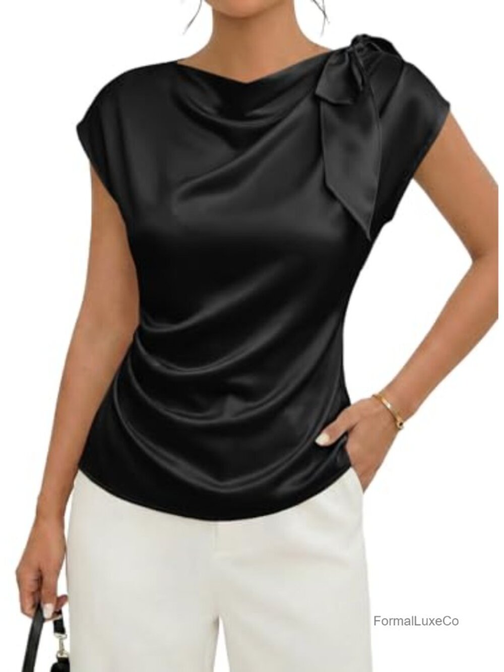 Satin Blouse with Cowl Neck Short Sleeve Bow Tie Pleated Ruched Women's Dressy